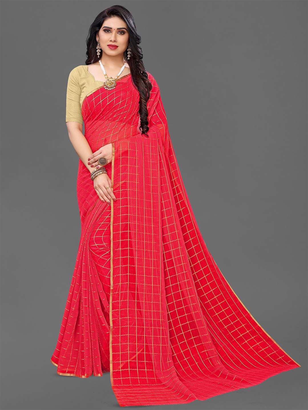 

KALINI Checked Zari Poly Chiffon Saree, Pink