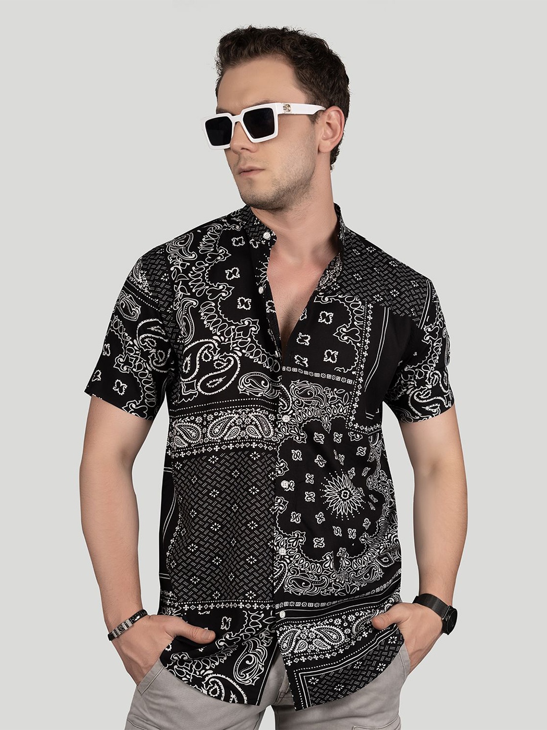 

ALMATY Men Comfort Slim Fit Opaque Printed Party Shirt, Black