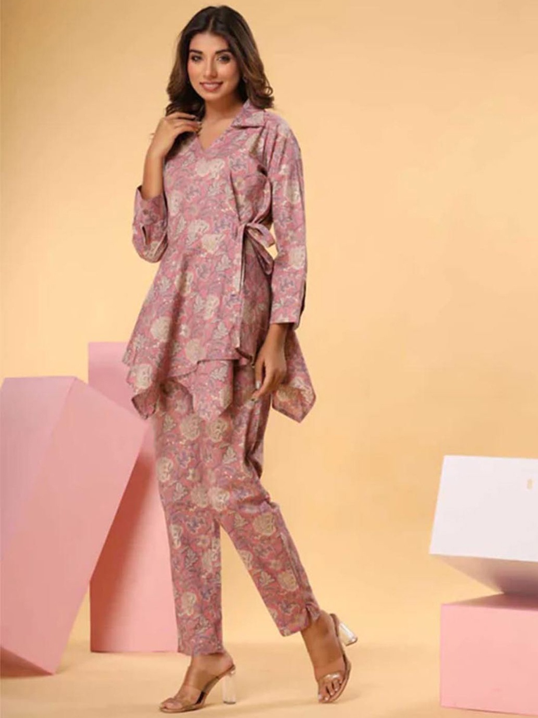 

ARAVALII Printed Pure Cotton Three Quarter Sleeve Tunic & Trouser Co-Ords, Pink