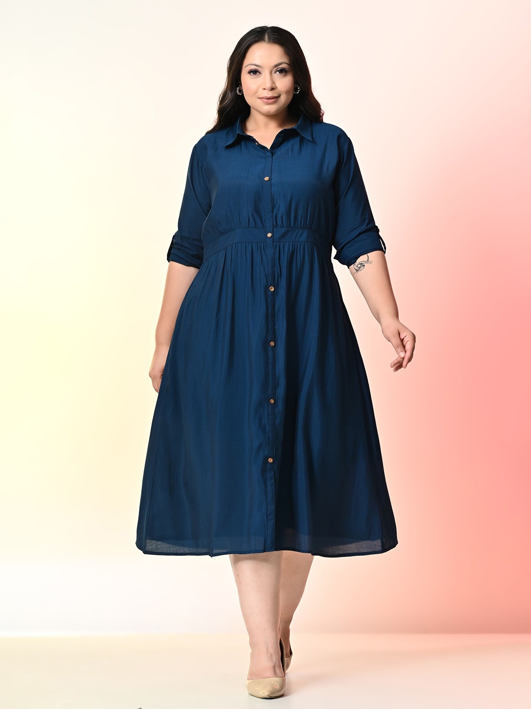 

PrettyPlus by Desinoor.com Plus Size Roll-Up Sleeves Shirt Midi Dress, Teal