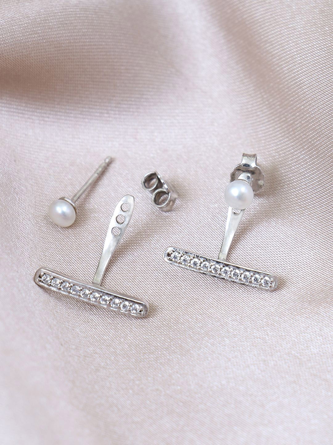 

House of Pataudi 925 Sterling Silver Cubic Zirconia Studded & Pearl Drop Earrings
