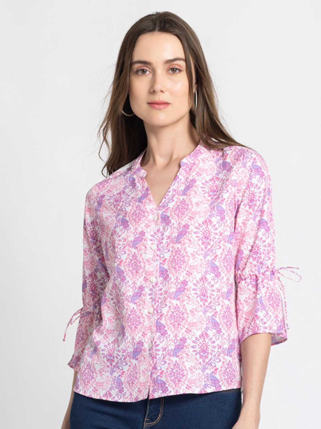 

SHAYE Floral Print Mandarin Collar Bell Sleeve Crepe Shirt Style Top, Pink