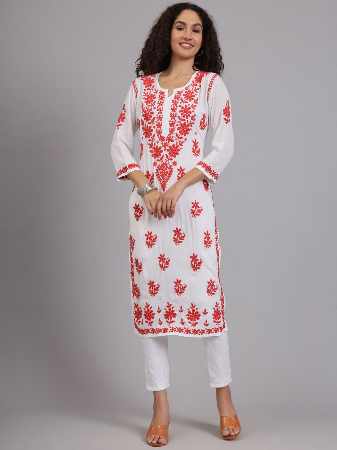 

The Chikan Label Women Floral Embroidered Flared Sleeves Chikankari Floral Kurta, Red