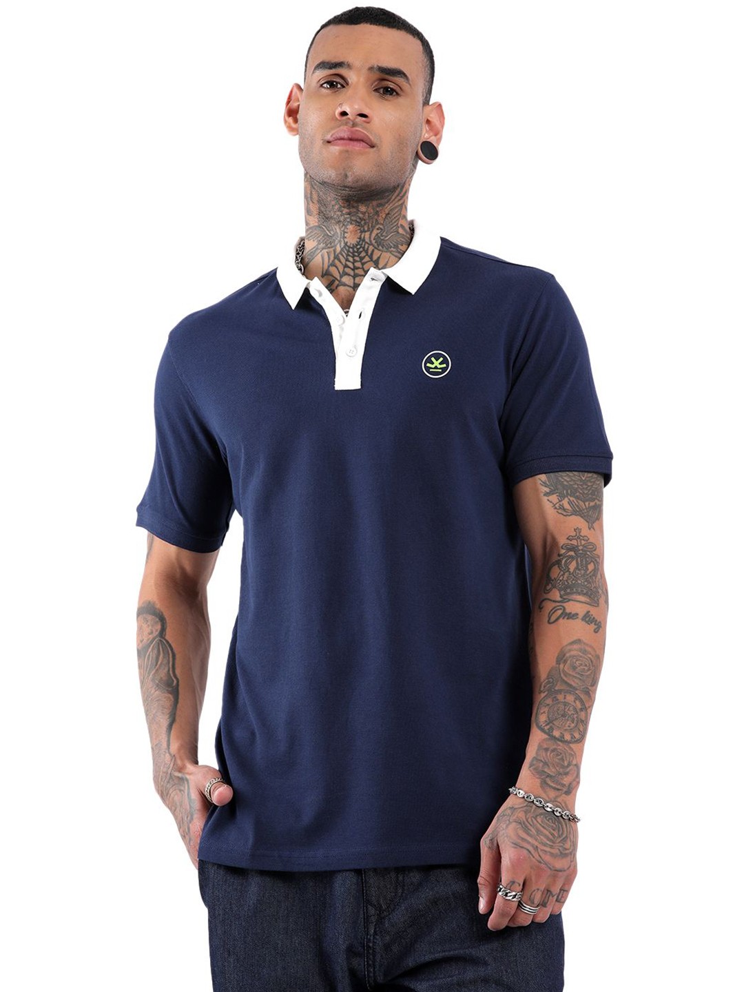 

WROGN Crested Logo Polo Collar Slim Fit Cotton T-shirt, Navy blue