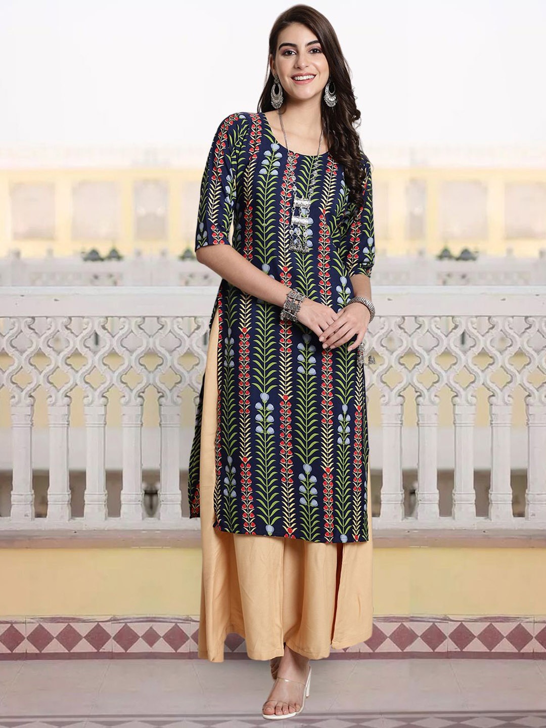 

7Threads Women Ethnic Motifs Printed Sequinned Floral Crepe Kurta, Multi