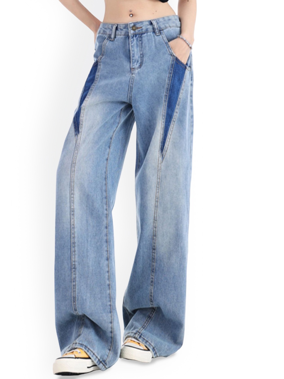 

LULU & SKY Women Wide Leg Mid-Rise Heavy Fade Jeans, Blue