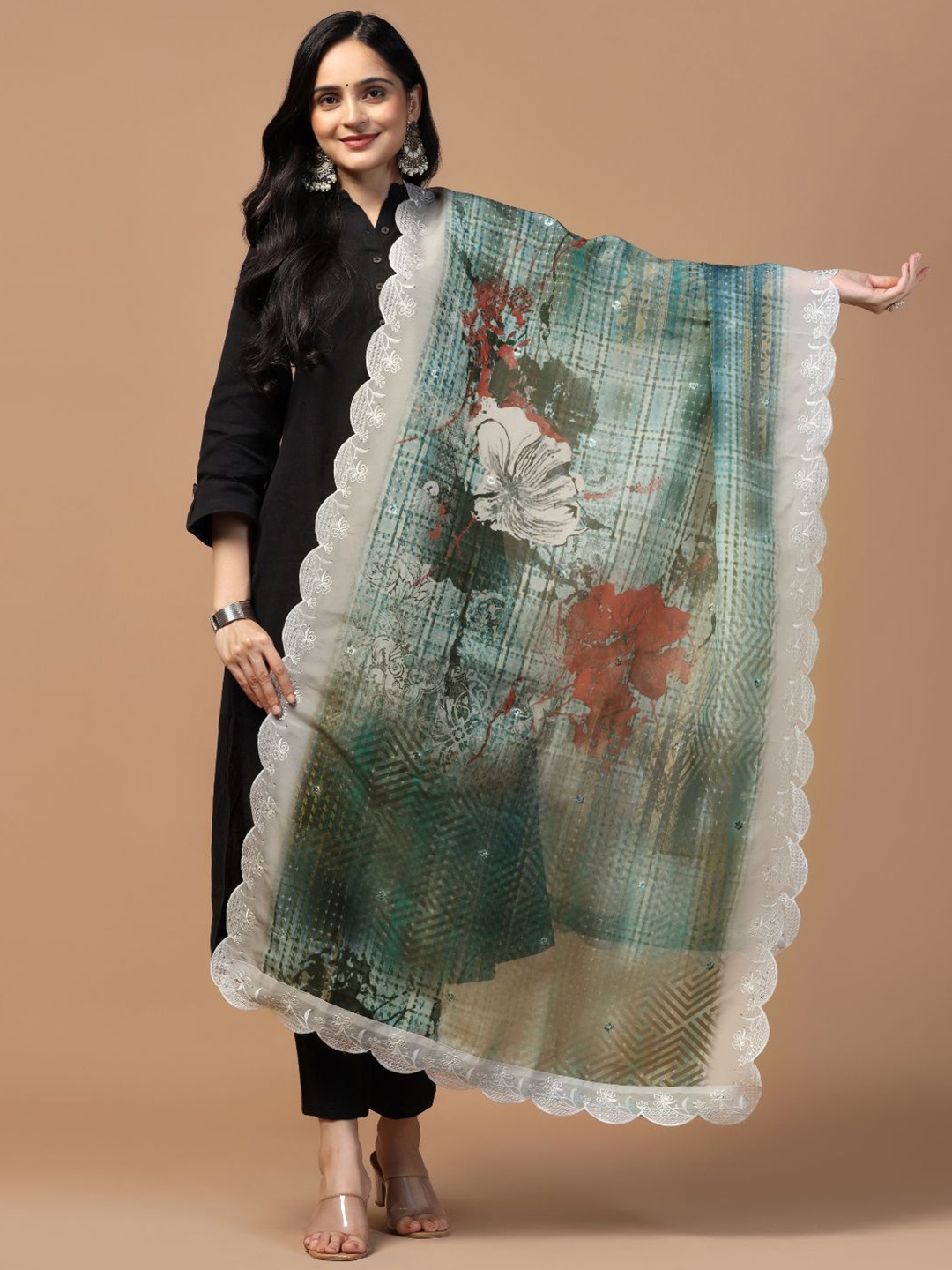 

Kaizen TEXO FAB Floral Printed Organza Dupatta, Green