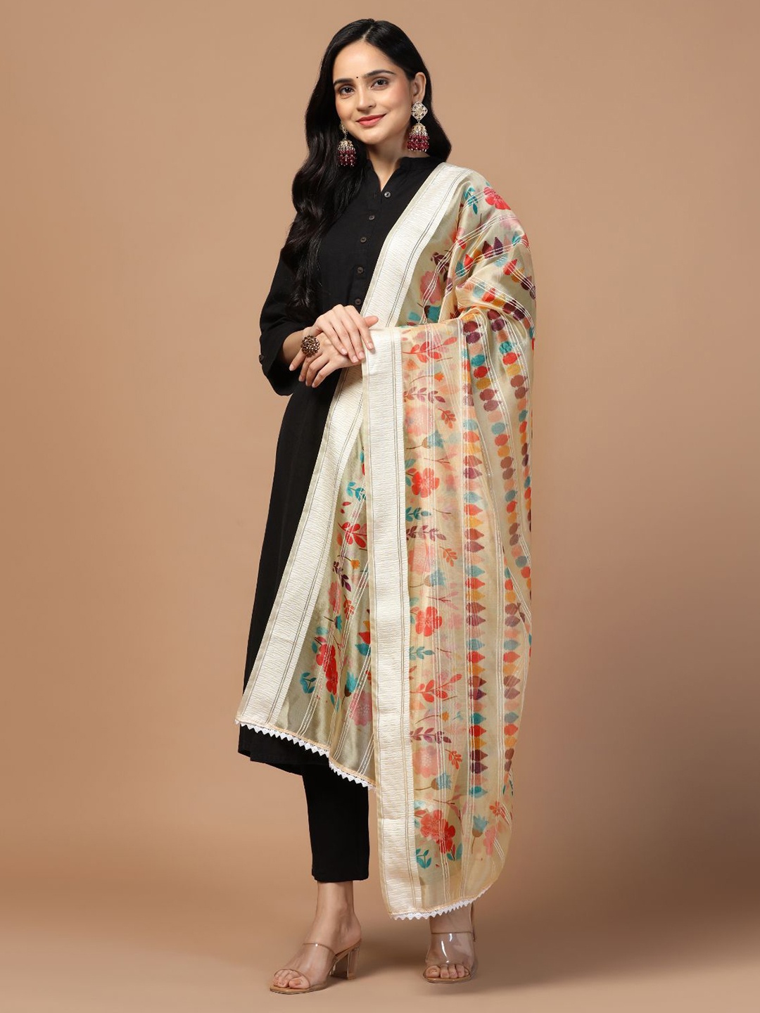 

Kaizen TEXO FAB Floral Printed Organza Dupatta, Beige