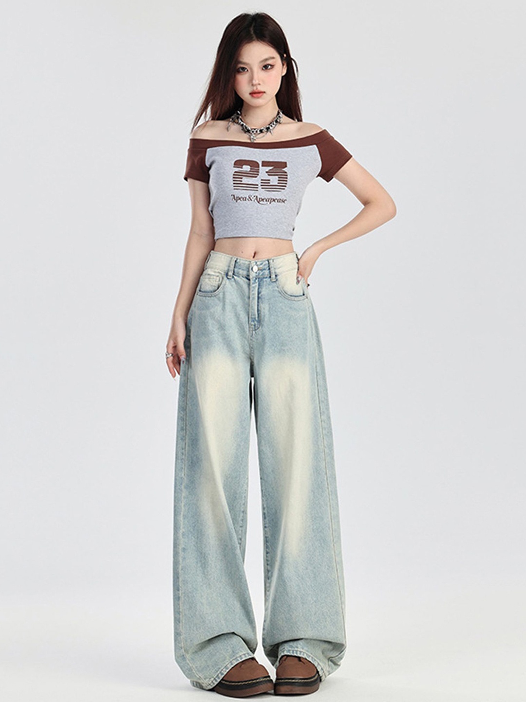 

LULU & SKY Women Wide Leg Heavy Fade Jeans, Blue