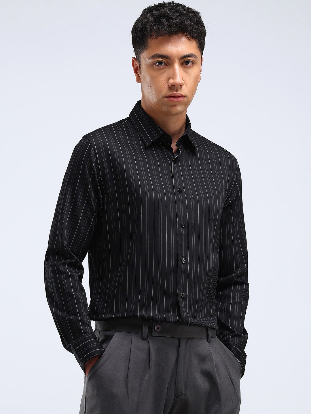 

Flying Machine Men Slim Fit Opaque Striped Casual Shirt, Black