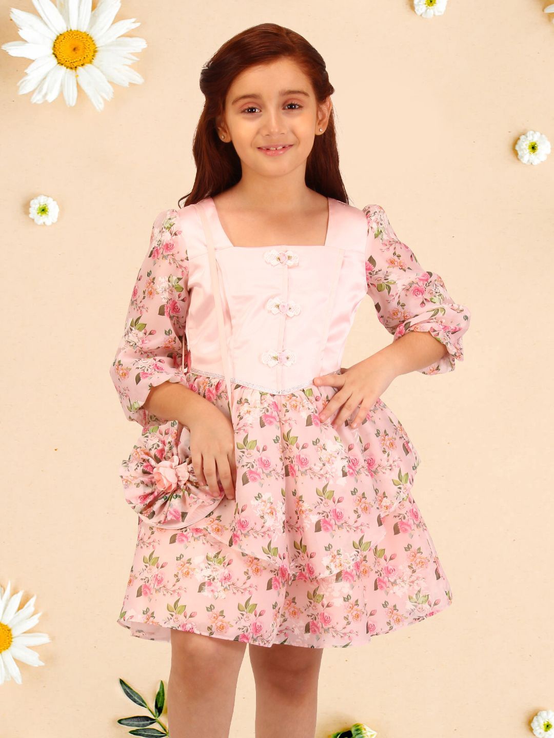 

CUTECUMBER Floral Print Applique Fit & Flare Dress, Peach