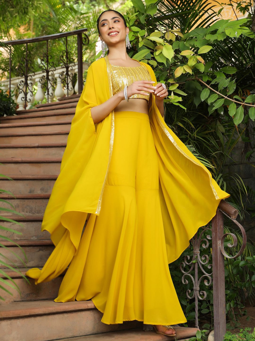 

Janasya Embellished Crop Top With Sharara & Cape Co-Ords, Yellow
