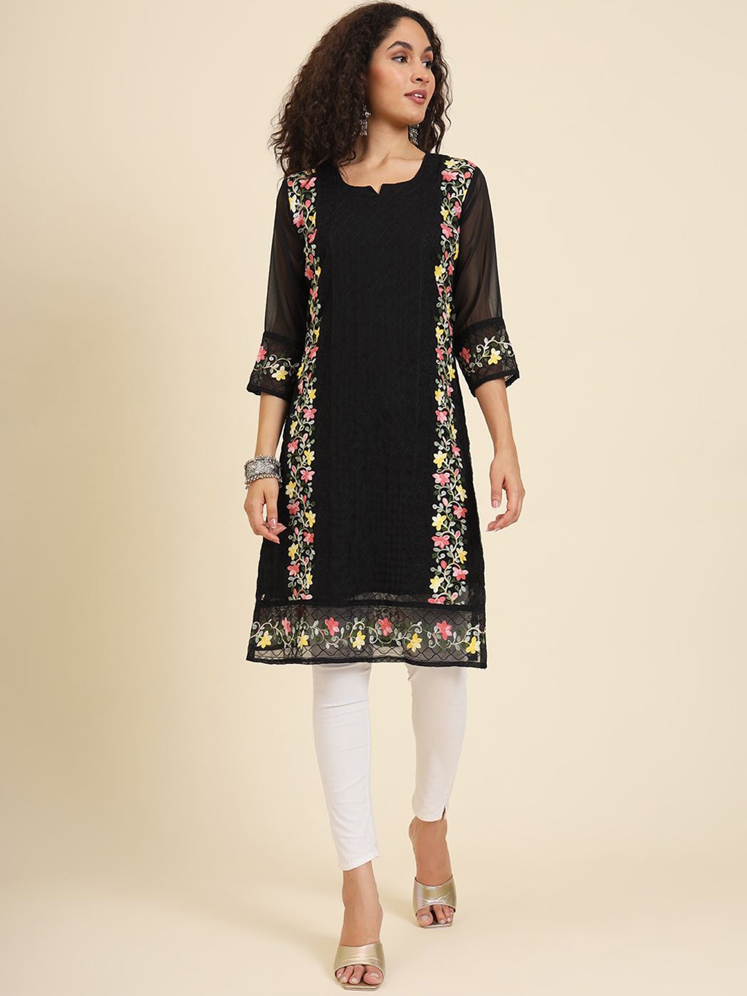 

VAIRAGEE Women Geometric Printed Flared Sleeves Mirror Work Georgette Kurta, Black