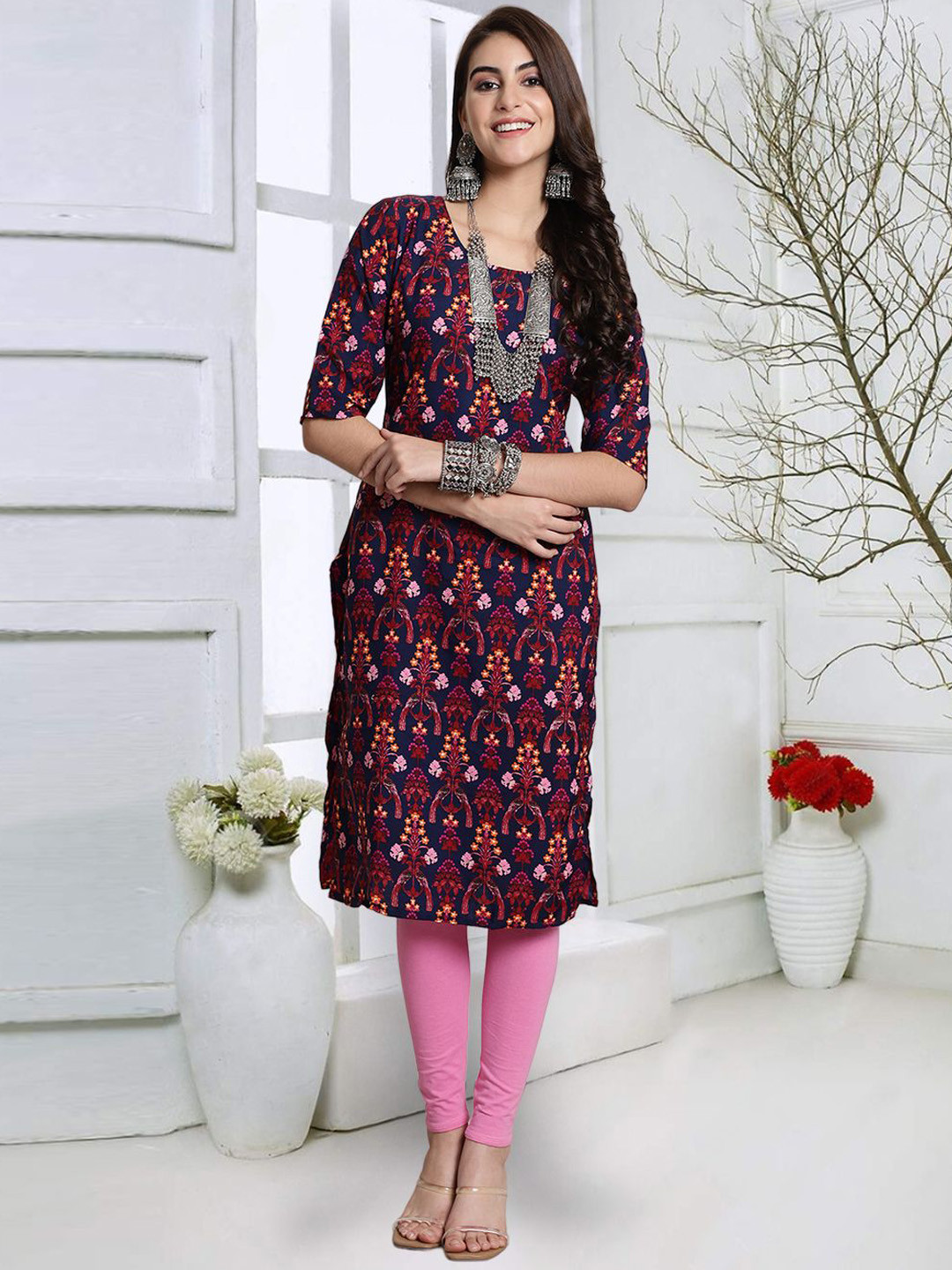 

7Threads Women Printed Mirror Work Floral Crepe Kurta, Multi