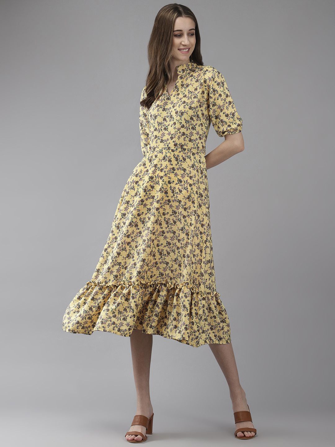 

BAESD Floral Print Flared Sleeve Net A-Line Midi Dress, Yellow