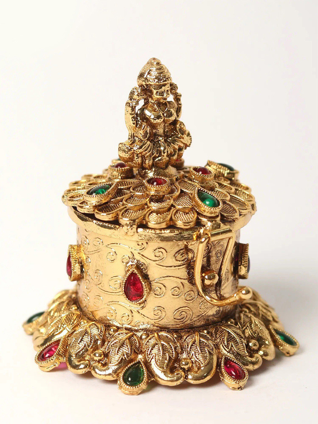 

Exotic India Brass Red & Green Goddess Lakshmi Design Sindoor Box with Stone Work, Gold
