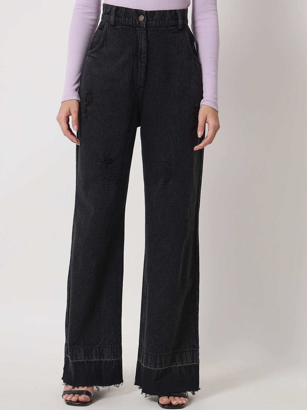 

Orchid Blues Women Wide Leg High-Rise Cotton Low Distress Jeans, Black