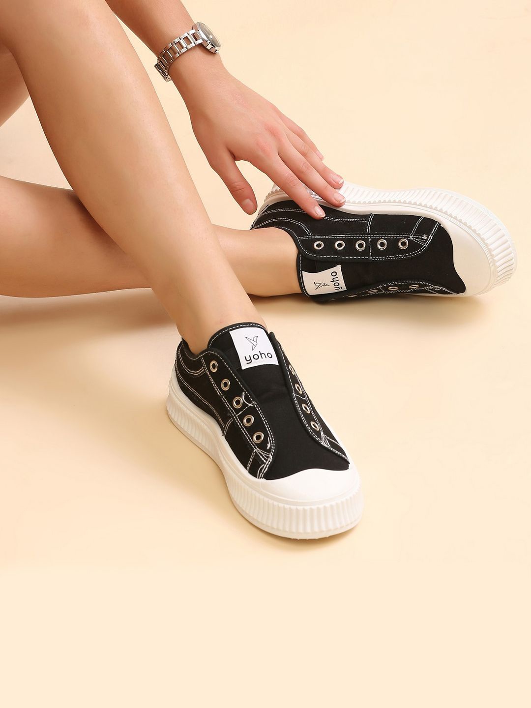 

yoho Women Cruise Canvas Slip-On Sneaker, Black