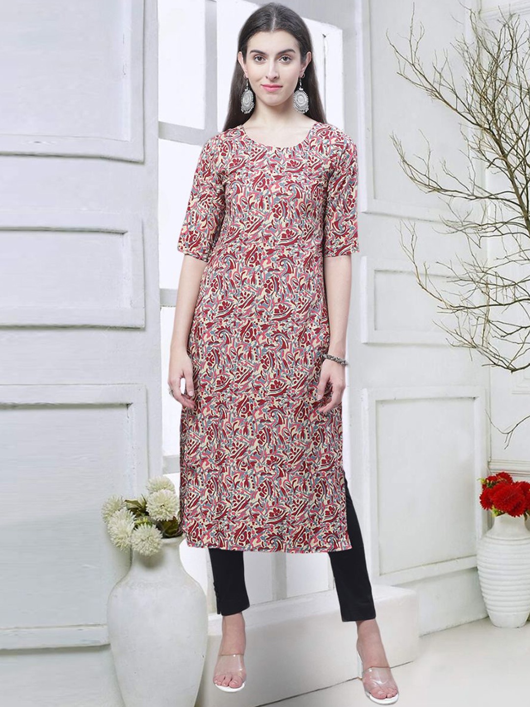 

7Threads Women Printed Keyhole Neck Floral Crepe Kurta, Multi