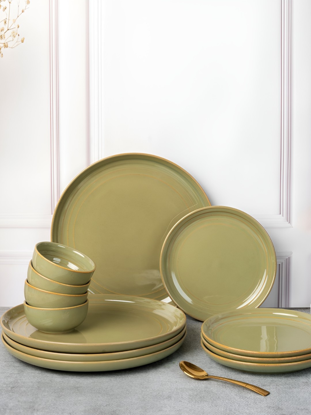 

BODHI HOUSE Olive Green 12-Pieces Solid Porcelain Glossy Dinner Set