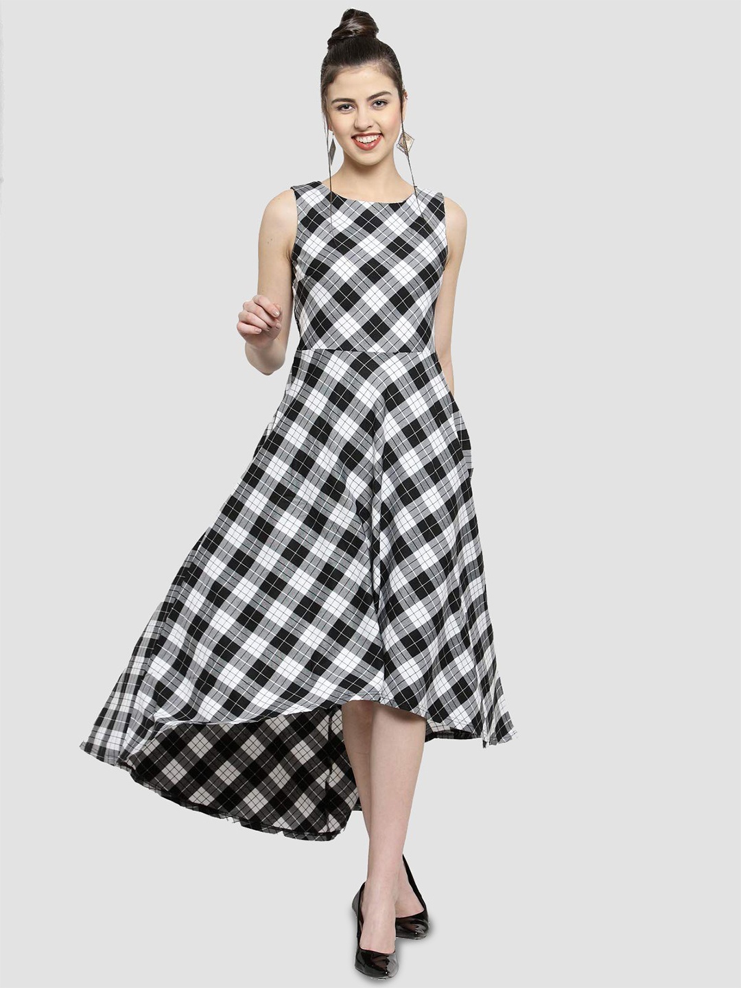 

Global Republic Woven Checked Fit & Flare Midi Dress, White