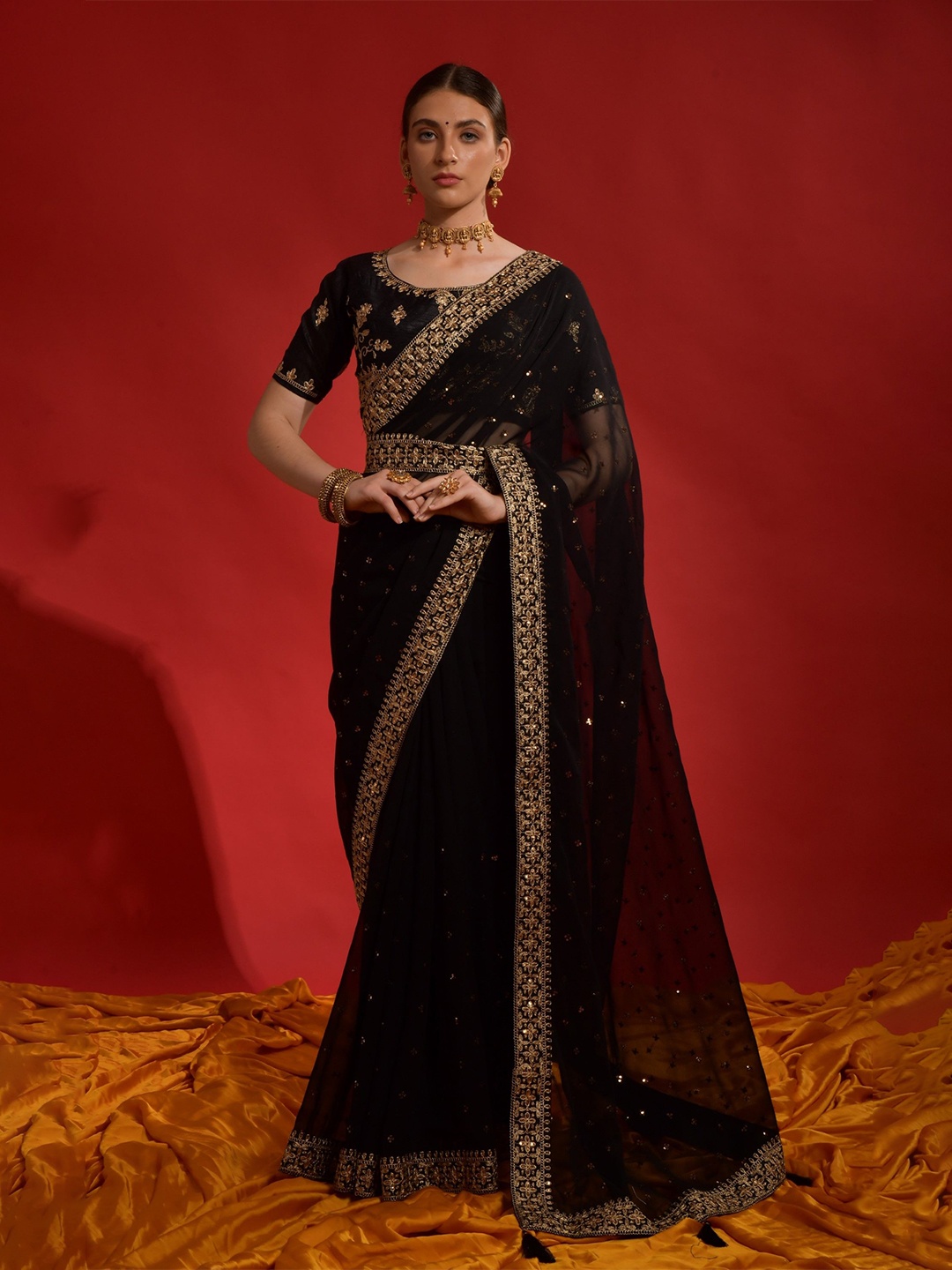 

Mitera Embellished Sequinned Poly Georgette Designer Saree, Black
