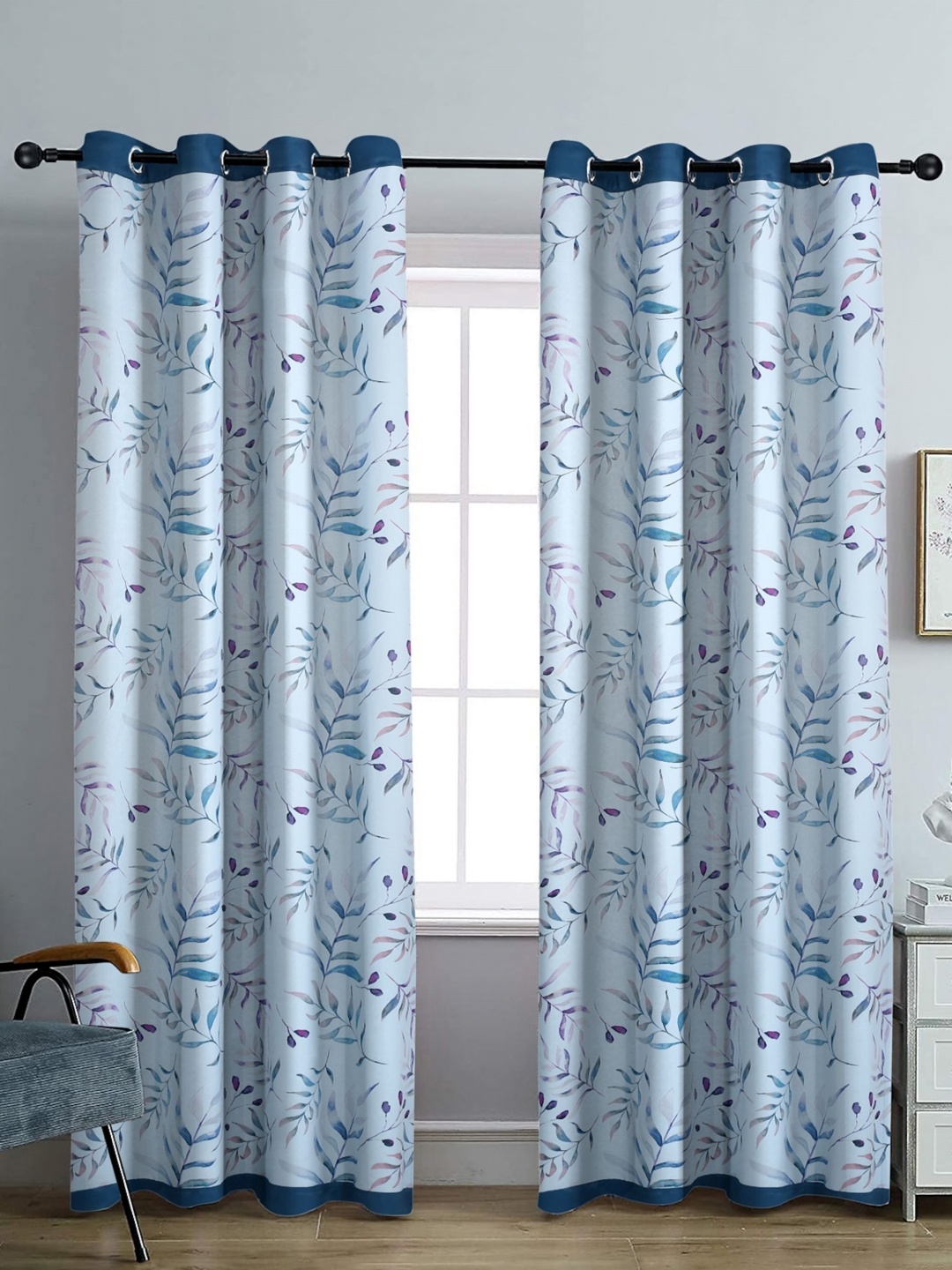 

Aura White & Blue Set of 2 Floral Black Out Long Door Curtain