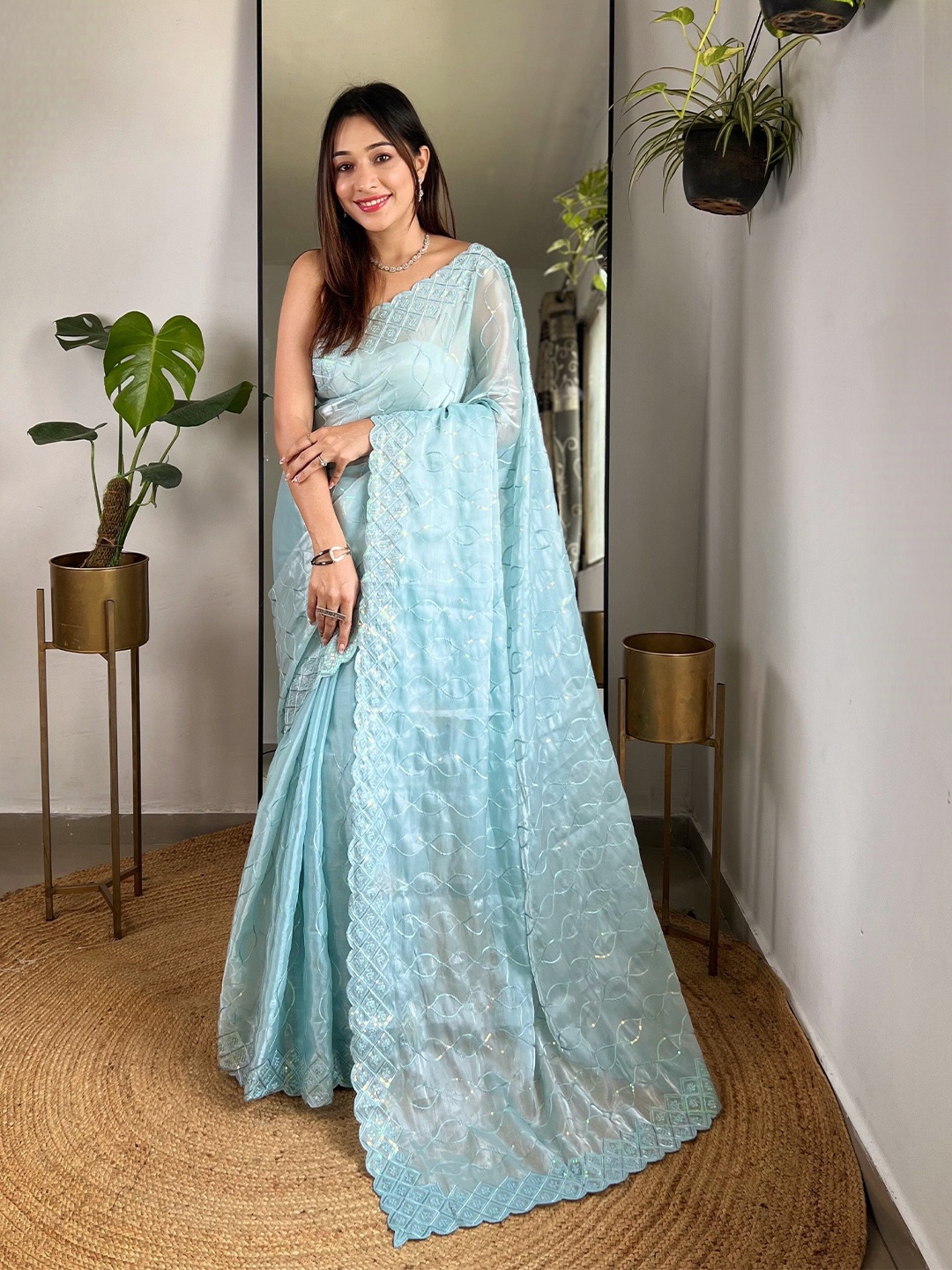 

Munir Embellished Sequinned Organza Saree, Blue