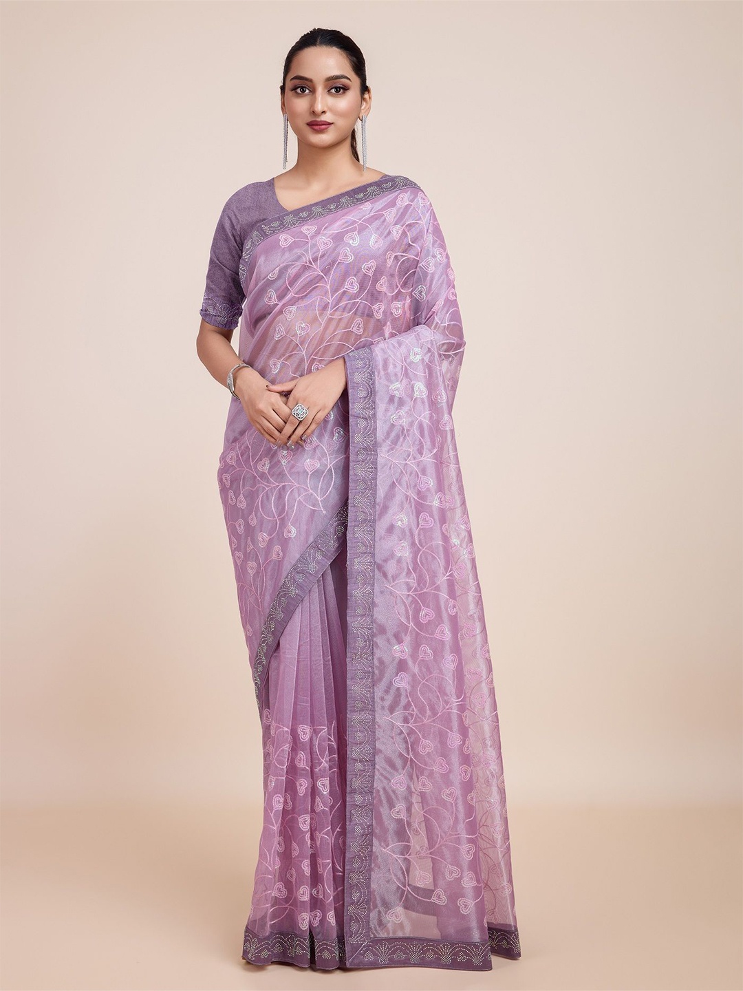 

ejoty fashion Embellished Beads and Stones Tissue Saree, Mauve