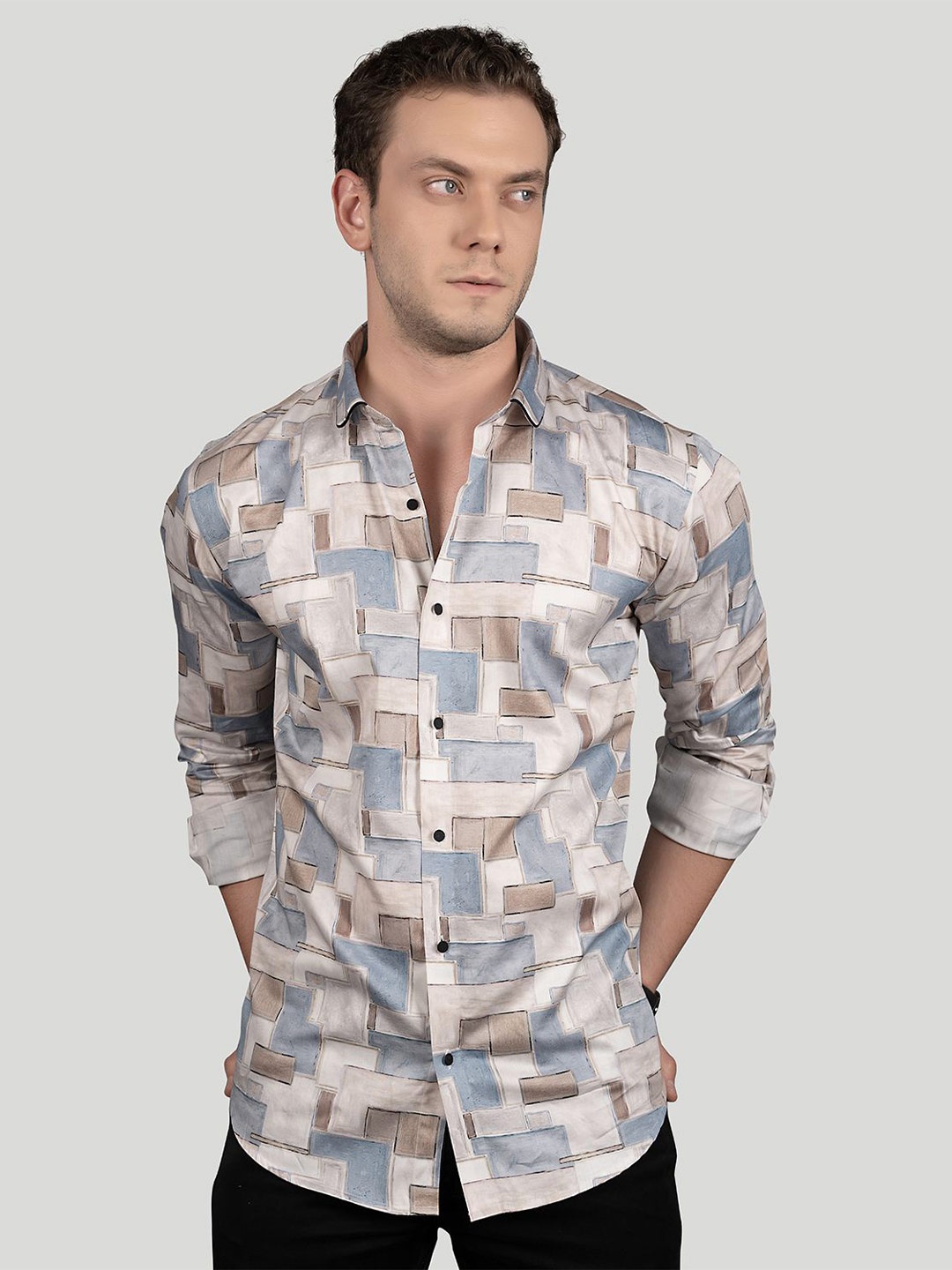 

ALMATY Men Comfort Slim Fit Opaque Printed Party Shirt, Brown