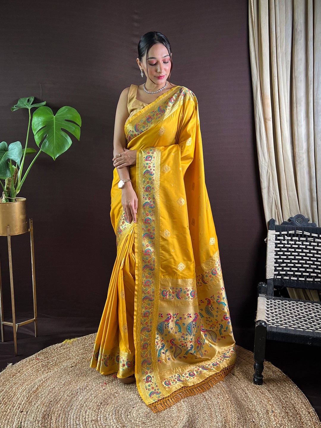 

Mitera Ethnic Motifs Zari Paithani Saree, Yellow