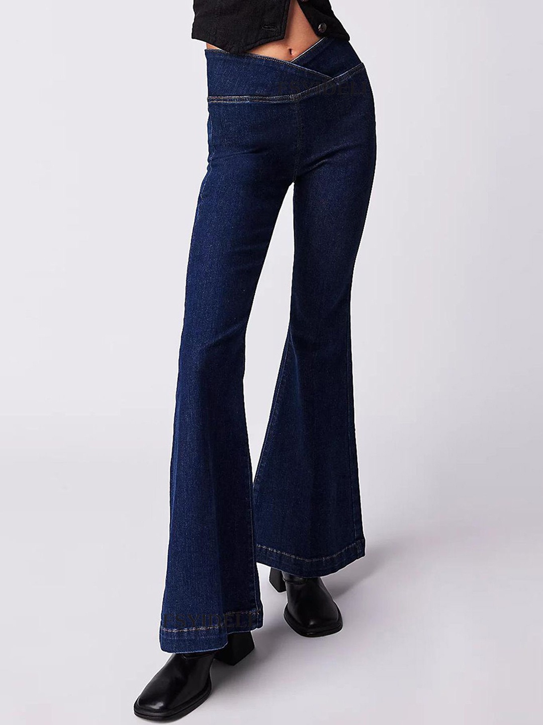 

LULU & SKY Women Bootcut Overlap-waist Jeans, Navy blue