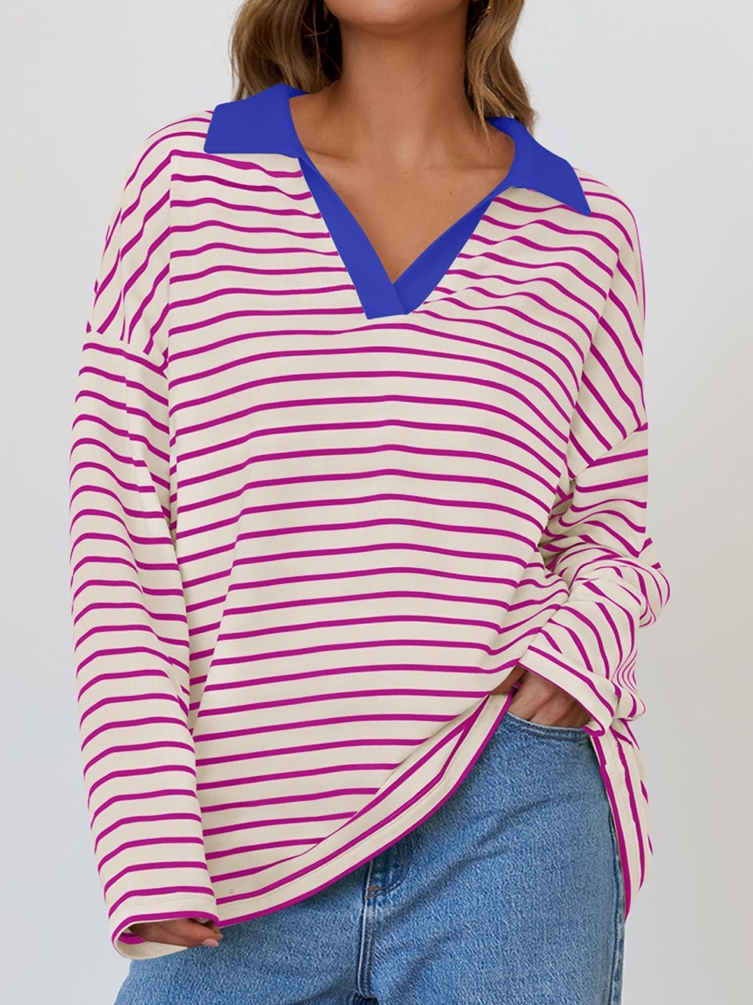 

StyleCast x Revolte Women Striped Sweatshirt, Purple