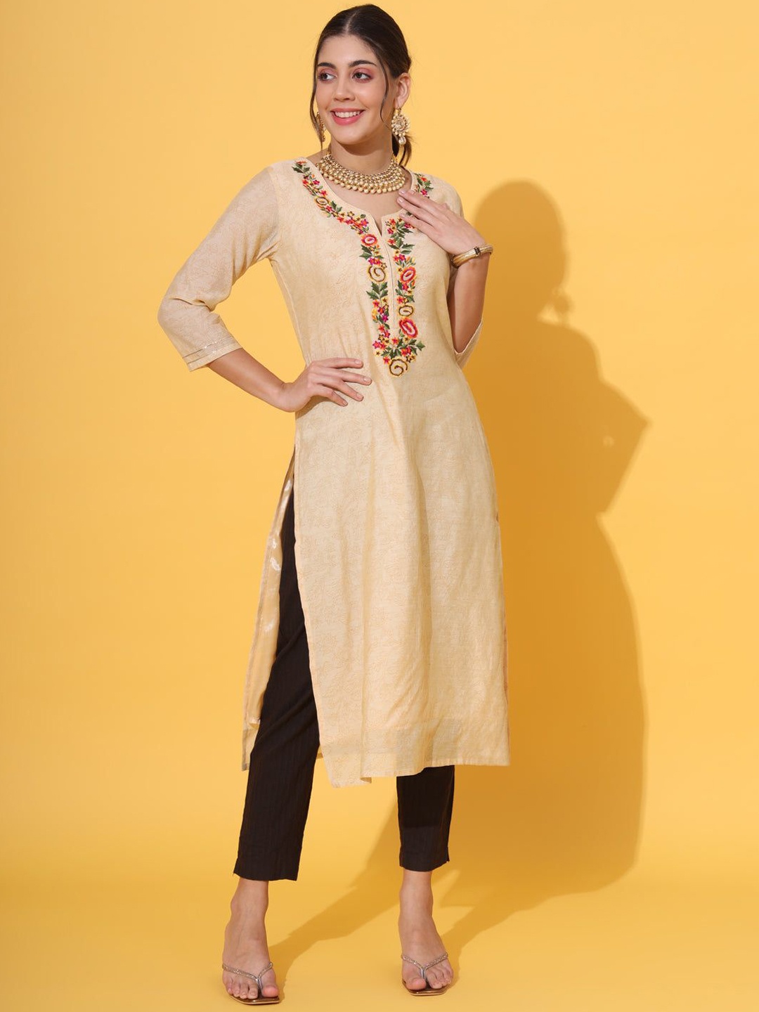 

KALINI Women Geometric Embroidered Flared Sleeves Thread Work Kurta, Cream