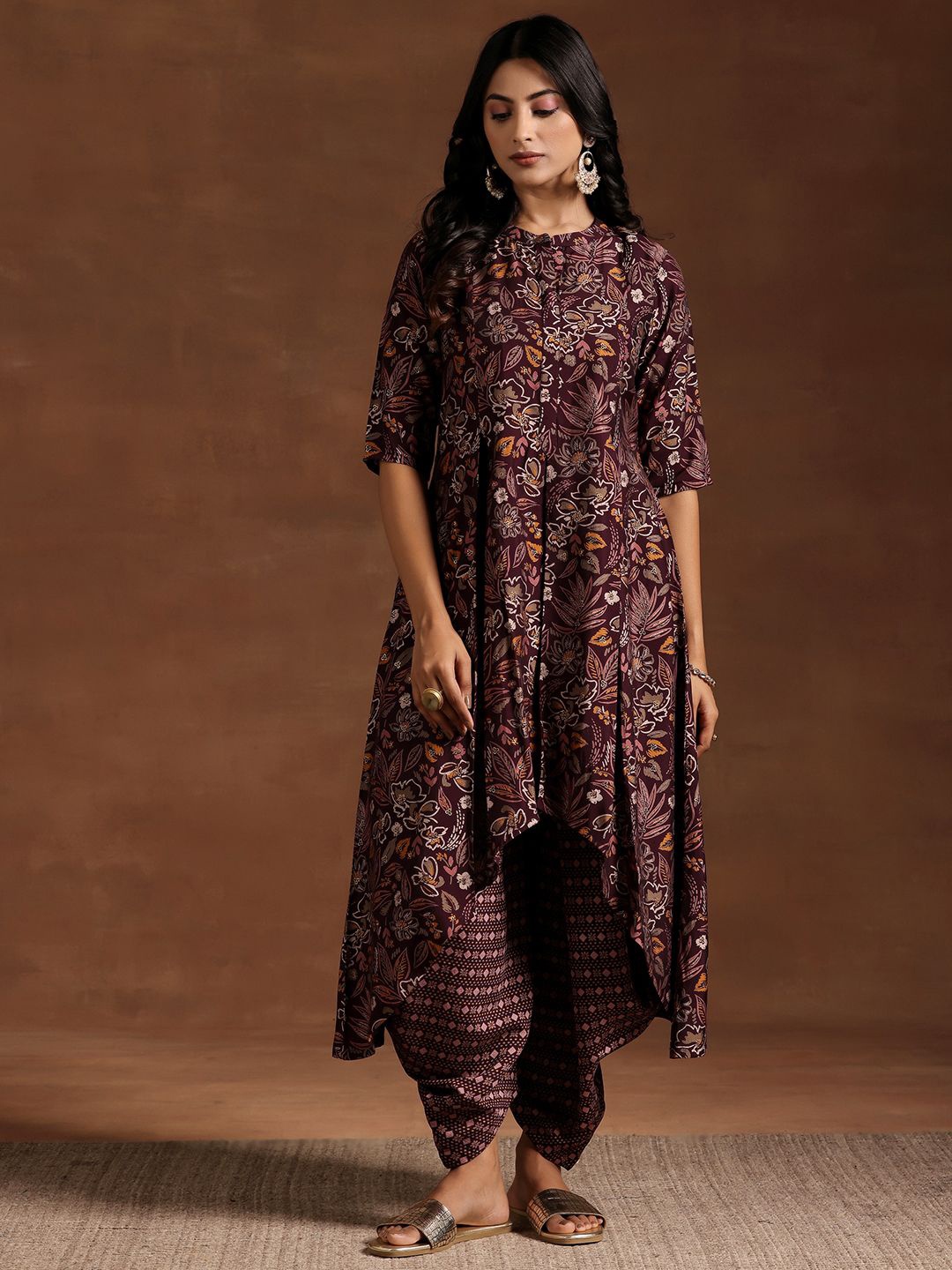 

Libas Women Floral Printed Pleated Kurta with Salwar, Burgundy
