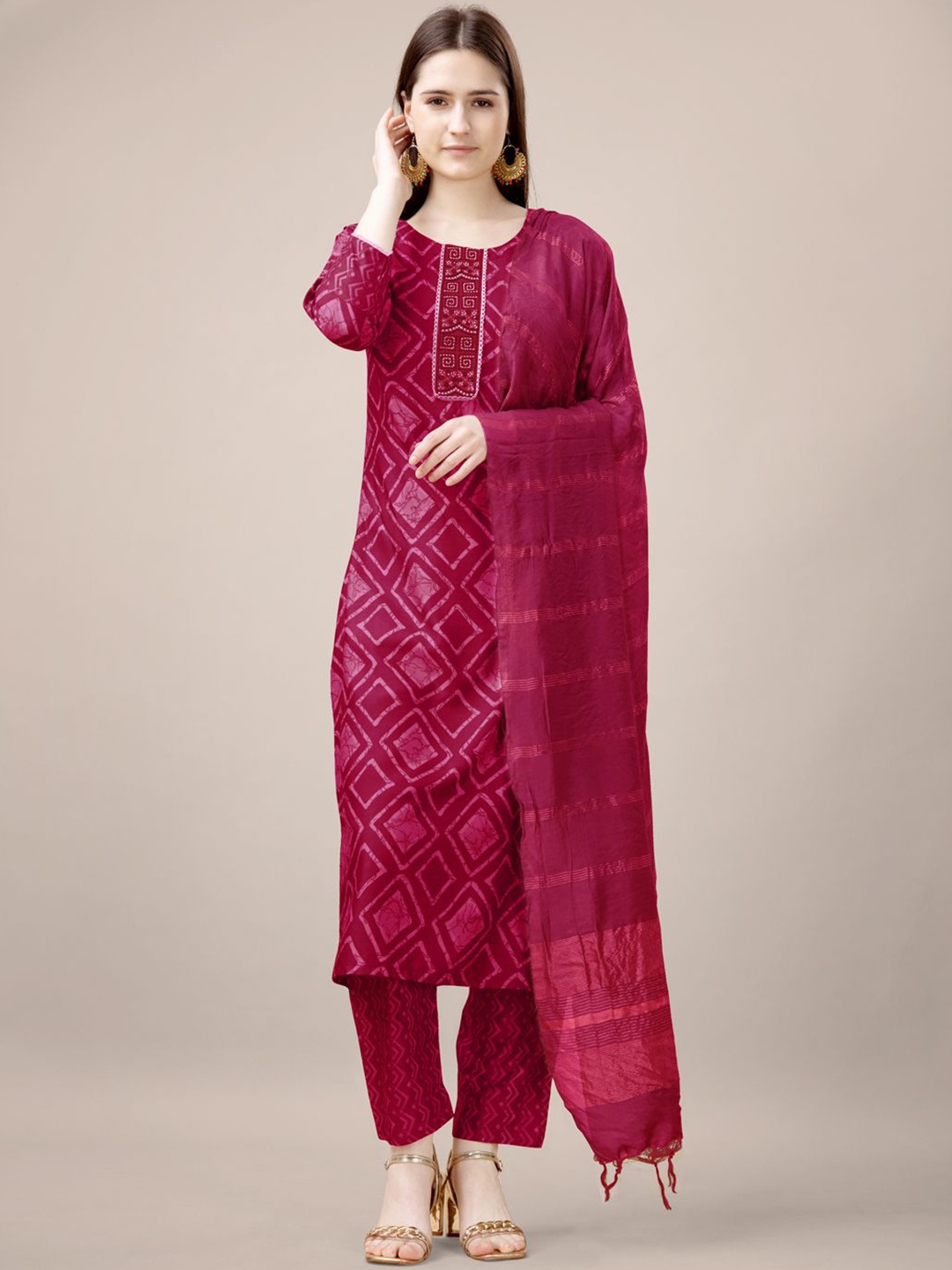 

devkison Designer Women Printed Regular Kurta with Trousers & With Dupatta, Pink