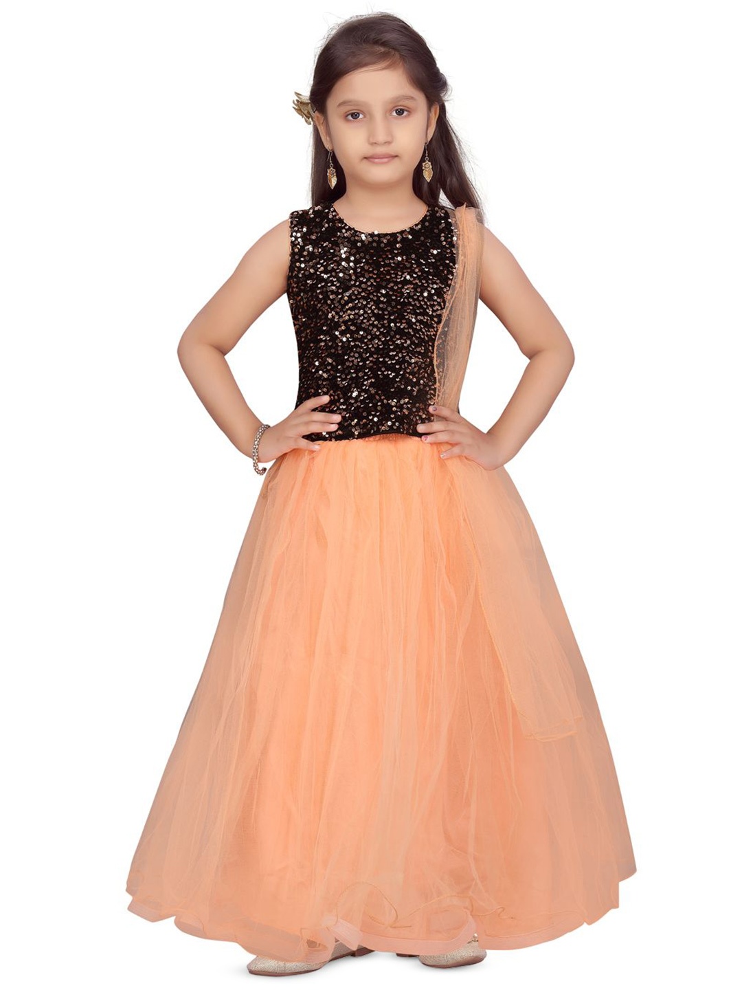

BAESD Girls Embellished Ready to Wear Lehenga & Blouse With Dupatta, Peach