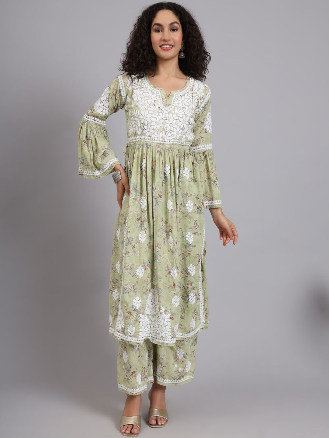 

The Chikan Label Women Floral Embroidered Pleated Thread Work Pure Cotton Kurta with Palazzos, Green