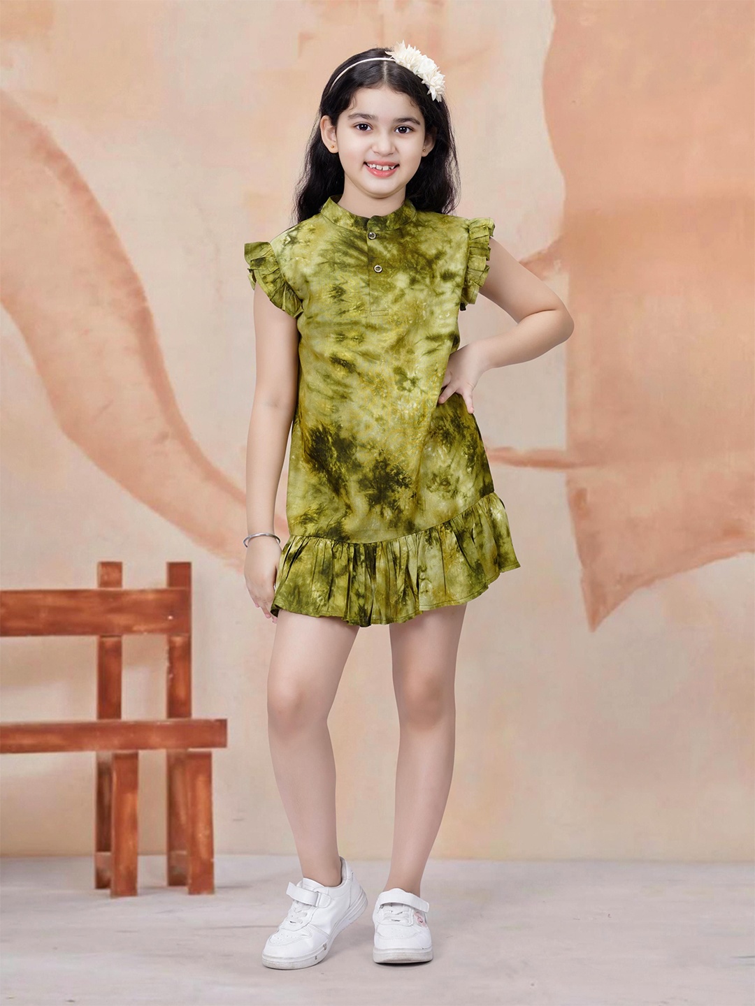 

RANJ Girls Tie and Dye Flutter Sleeve Cotton A-Line Dress, Olive