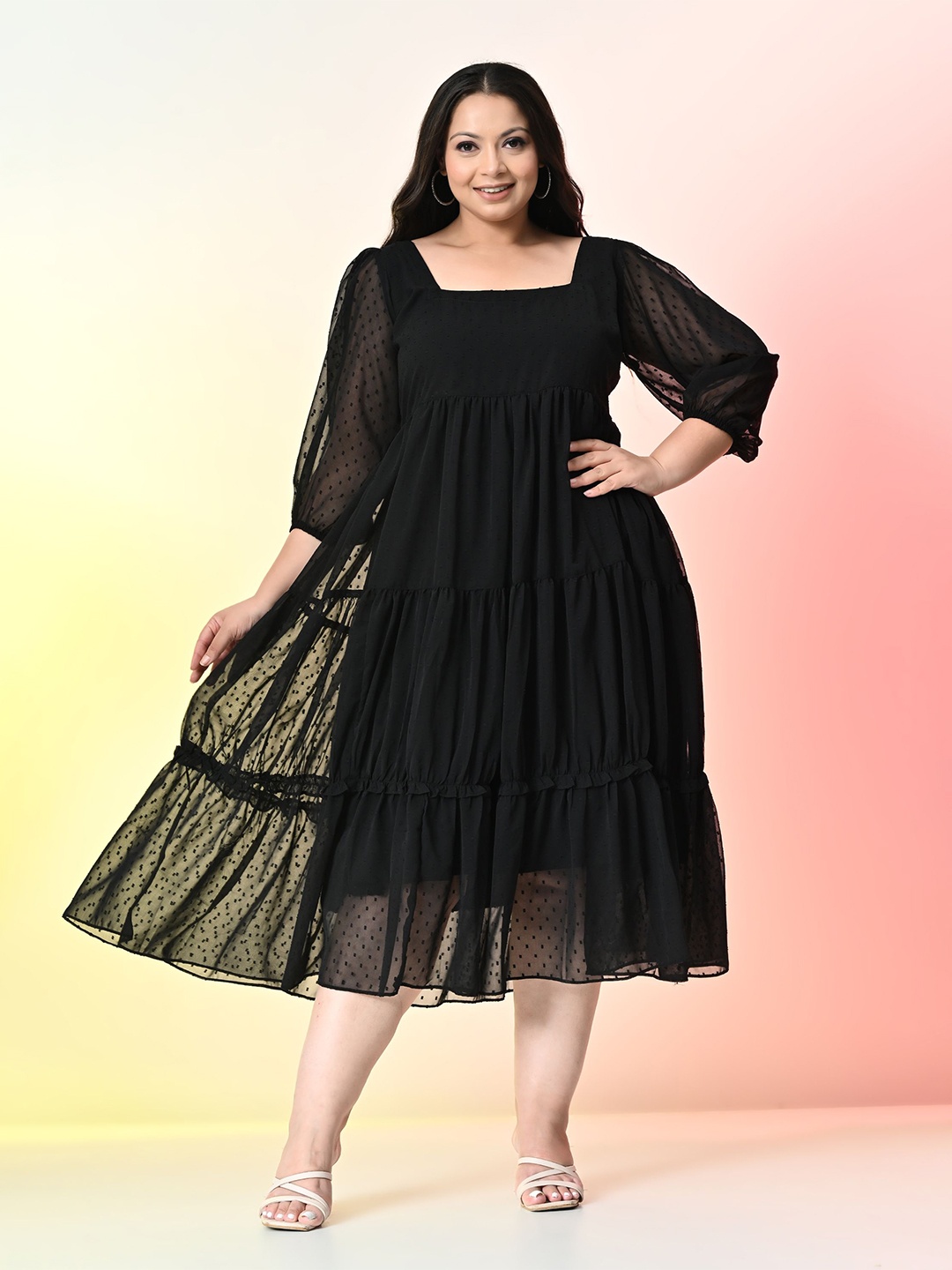 

PrettyPlus by Desinoor.com Plus Size Puff Sleeve Georgette Tiered Empire Midi Dress, Black