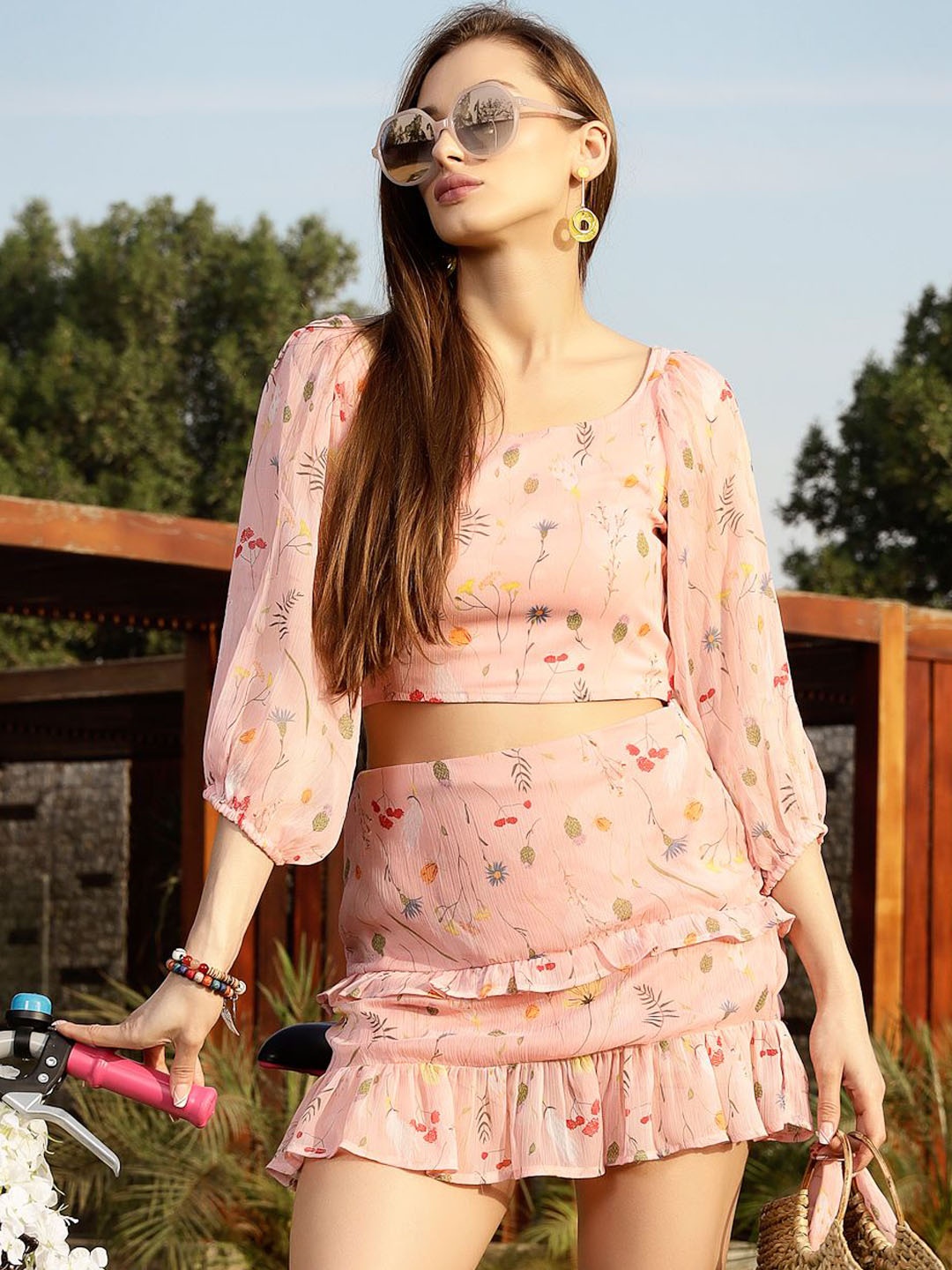 

Sera Printed Crop Top With A-Line Mini Skirt Co-ords Set, Peach