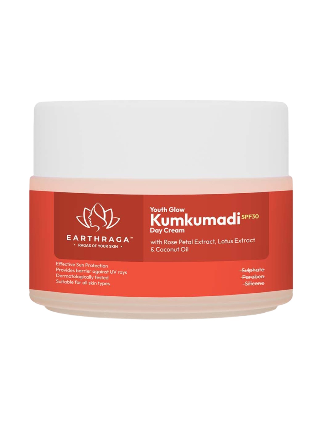 

Earthraga Kukumadi Rose Petal Extract & Coconut Oil Day Cream With SPF30-100ml, Red