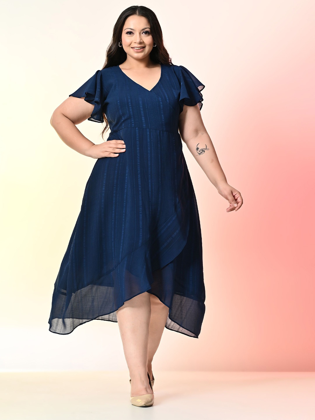 

PrettyPlus by Desinoor.com Women Plus Size Georgette Fit and Flare Midi Dress, Navy blue