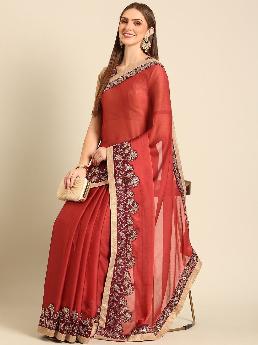 

all about you Embroidered Pure Chiffon Saree, Red
