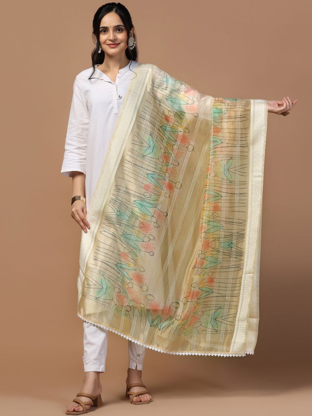 

Kaizen TEXO FAB Ethnic Motifs Printed Organza Dupatta, Mustard