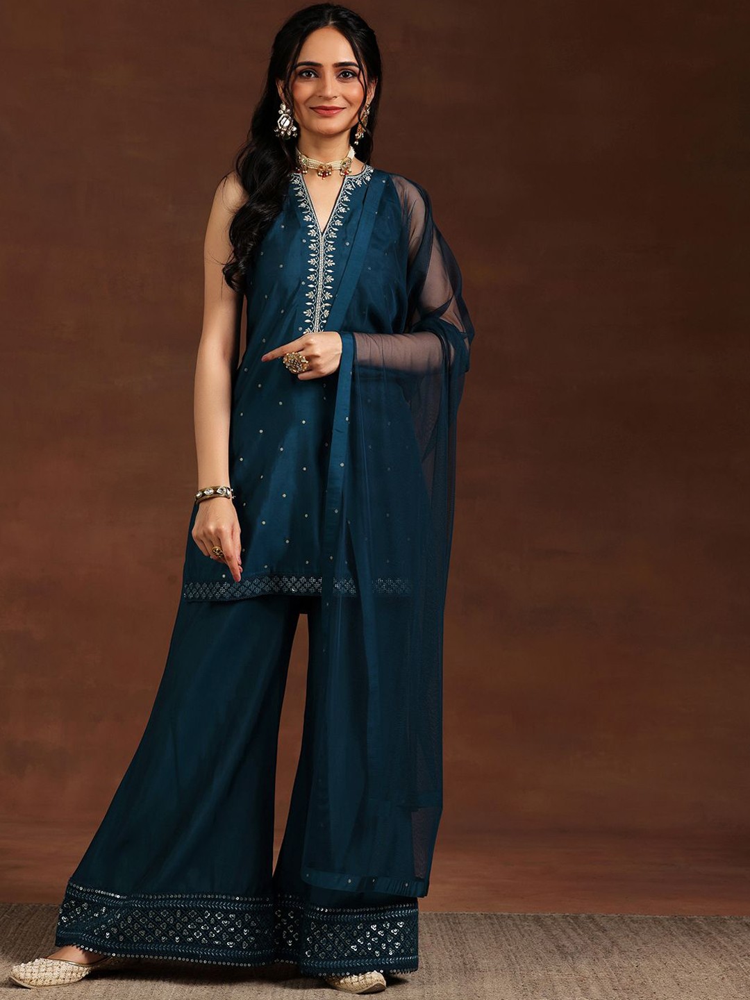 

Libas Women Floral Embroidered Regular Kurta with Palazzos & With Dupatta, Blue