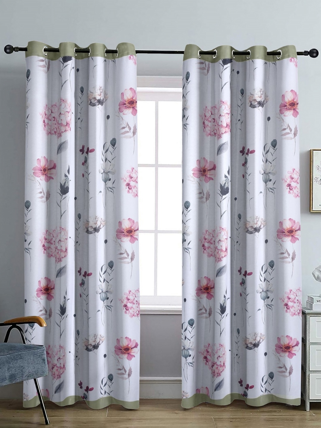 

Aura White & Pink Set of 2 Floral Black Out Long Door Curtain