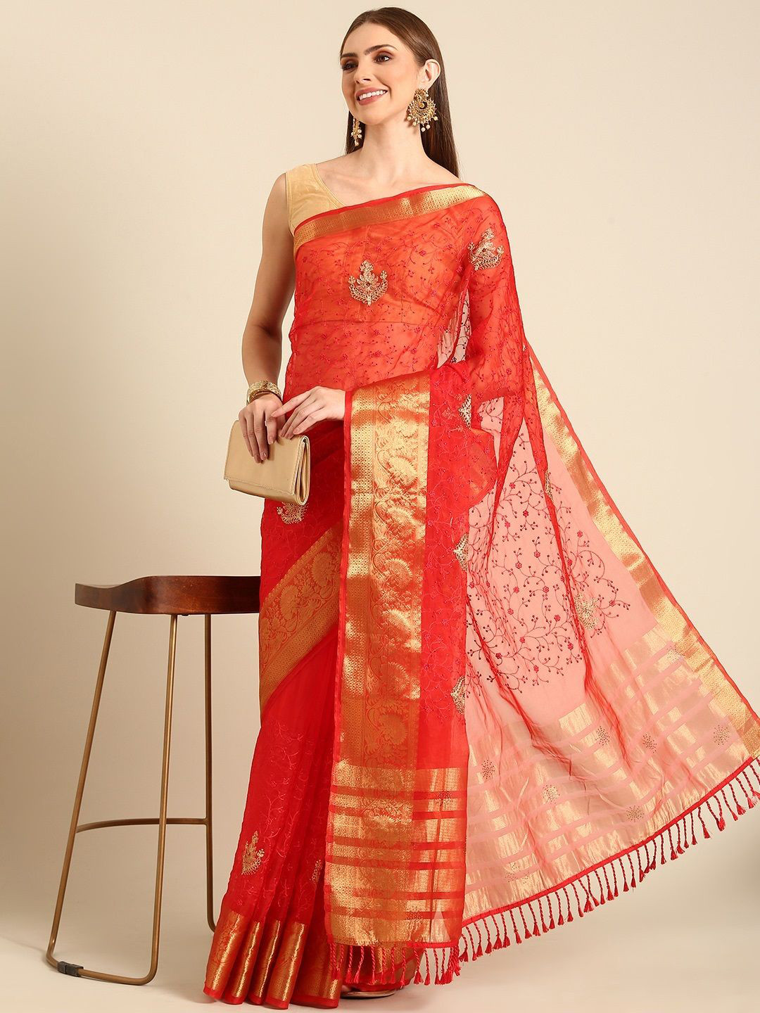 

all about you Floral Organza Saree, Orange