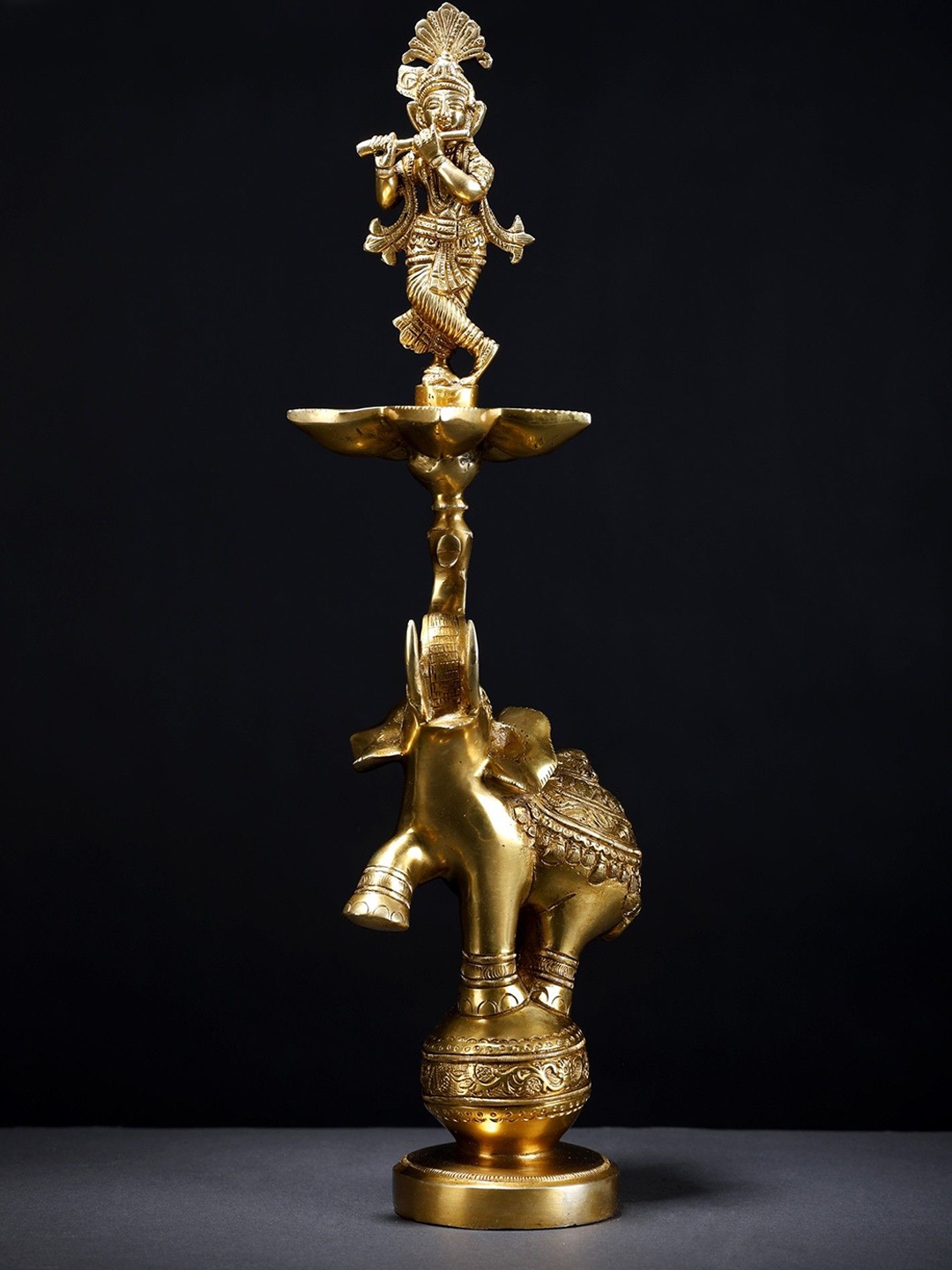 

Exotic India 17" Brass Fluting Krishna Five Wicks Lamp on Elephant, Gold