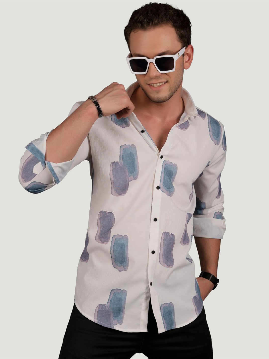 

ALMATY Men Comfort Slim Fit Opaque Printed Party Shirt, White